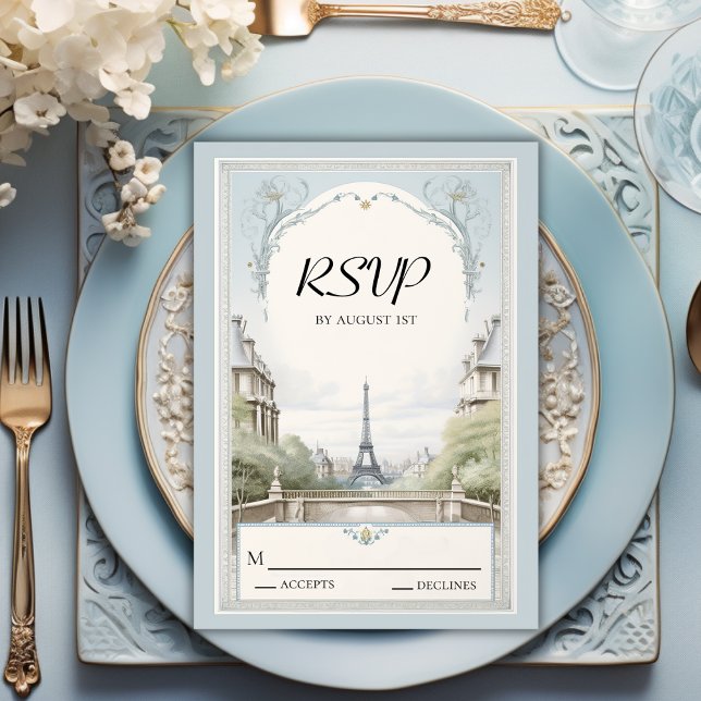 Cartão RSVP Casamento Azul em Torre Eiffel de Paris Elegante (Criador carregado)