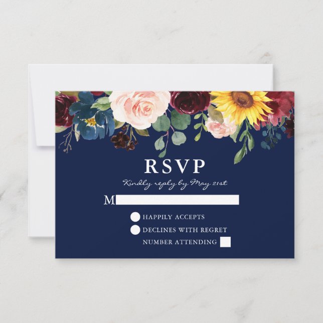 Cartão RSVP Casamento Azul Floral de Aquarela Elegante (Frente)