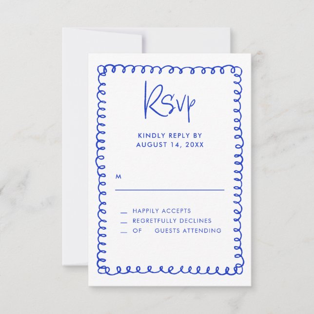 Cartão RSVP Casamento Azul Francês Desenhado Mão Minimalista (Frente)