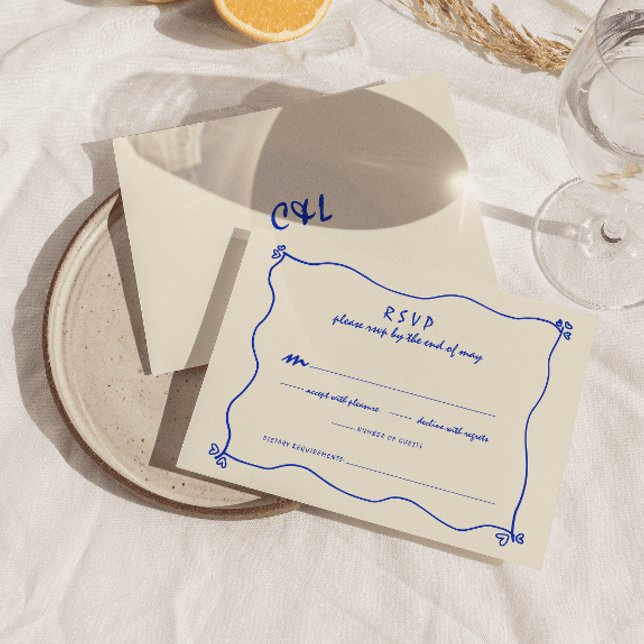 Cartão RSVP Casamento Azul Imperativo Retro Escrito Manuscrito (Criador carregado)
