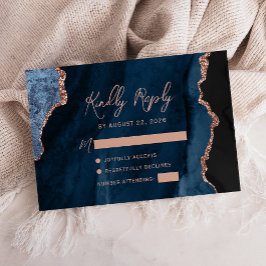 Cartão RSVP Casamento Azul Marinho Ágata Dourado Rosa Roteiro