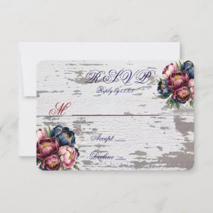 Cartão RSVP Casamento Azul Marinho Burgundy Rosa Peônia Dourad