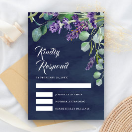 Cartão RSVP Casamento Azul Marinho com Lavanda e Eucalipto Rús