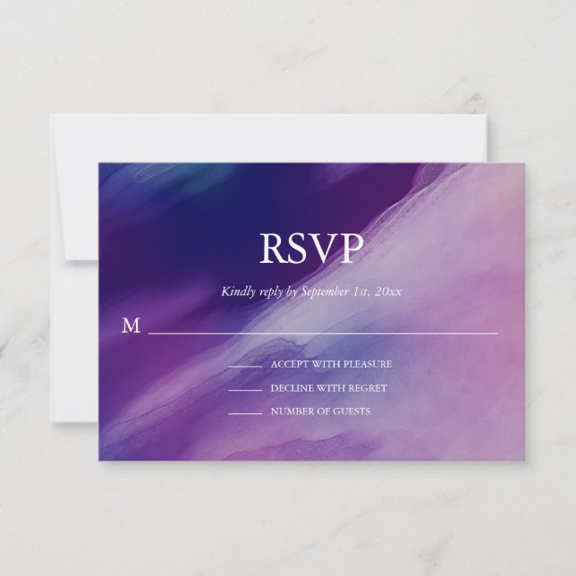 Cartão RSVP Casamento Azul Marinho Púrpura de Aquarela Elegant (Frente)