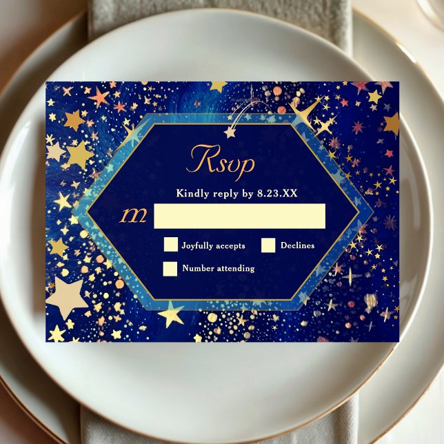 Cartão RSVP Casamento azul-noturno celestial (Criador carregado)