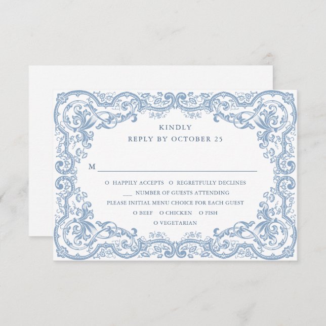 Cartão RSVP Casamento Azul Poeirento Floral Ornate Renascença (Frente/Verso)