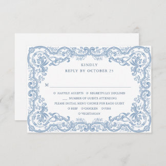 Cartão RSVP Casamento Azul Poeirento Floral Ornate Renascença