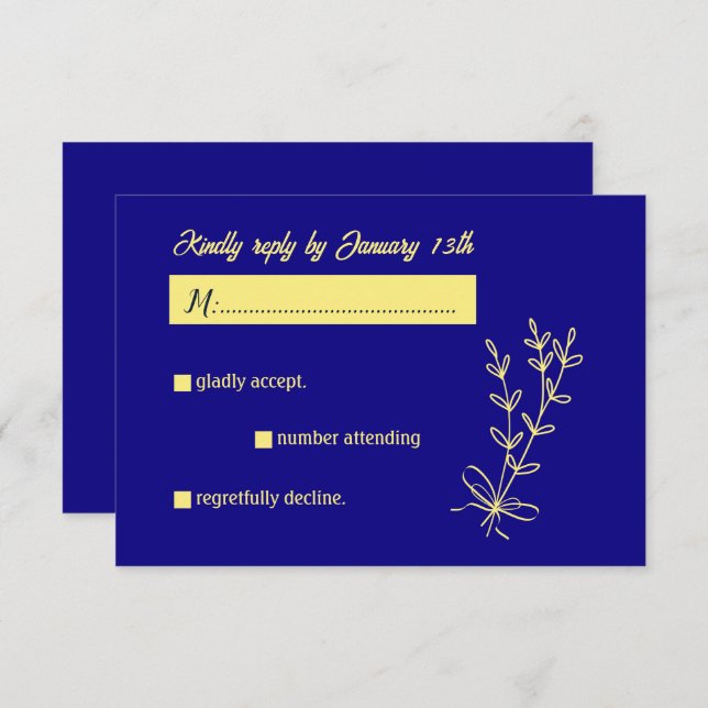 Cartão RSVP Casamento azul-real com flor de ouro elegante e ro (Frente/Verso)
