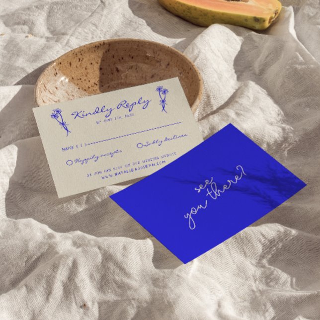 Cartão RSVP Casamento Azul Retro-Negrito Desenhado à Mão (Criador carregado)