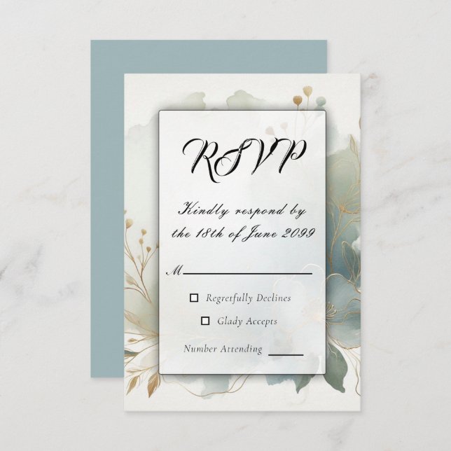 Cartão RSVP Casamento Azul-Romance com Ouro Suave (Frente/Verso)