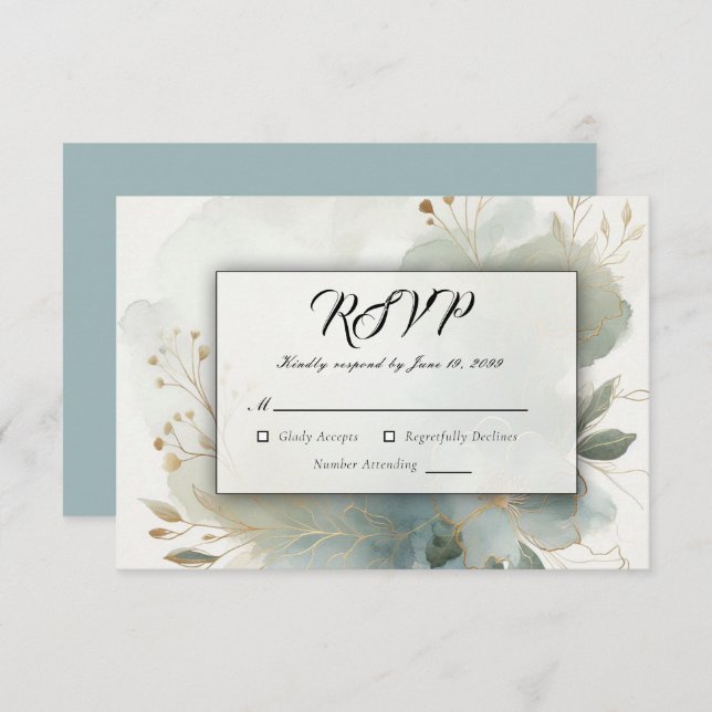 Cartão RSVP Casamento Azul-Romance com Ouro Suave (Frente/Verso)
