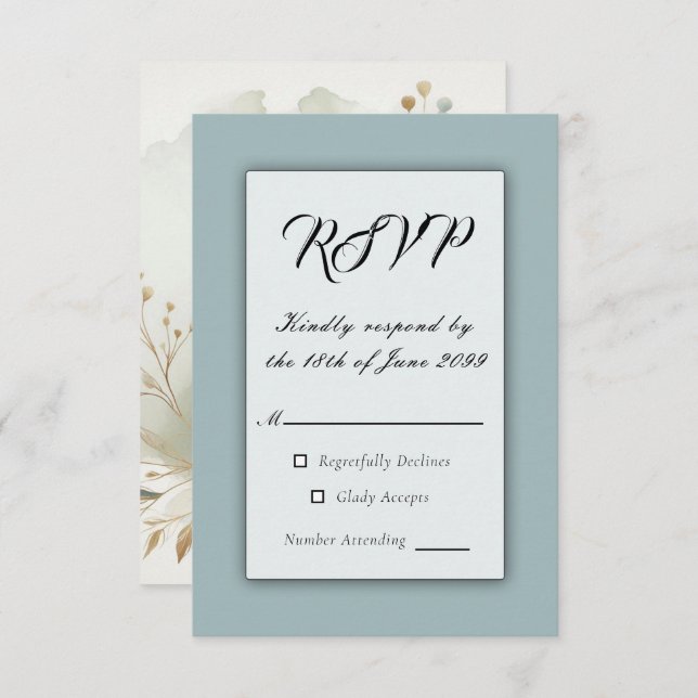 Cartão RSVP Casamento Azul-Romance com Ouro Suave (Frente/Verso)