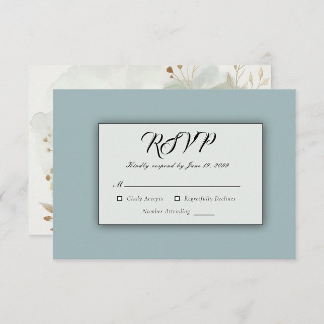 Cartão RSVP Casamento Azul-Romance com Ouro Suave (Frente/Verso)