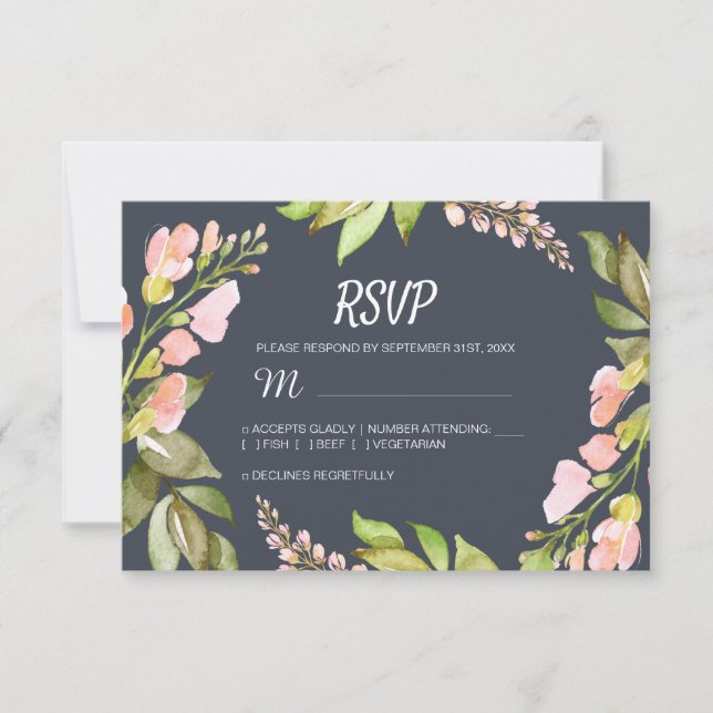 Cartão RSVP Casamento Azul Rosa-Floral Moderno Escuro Escuro (Frente)
