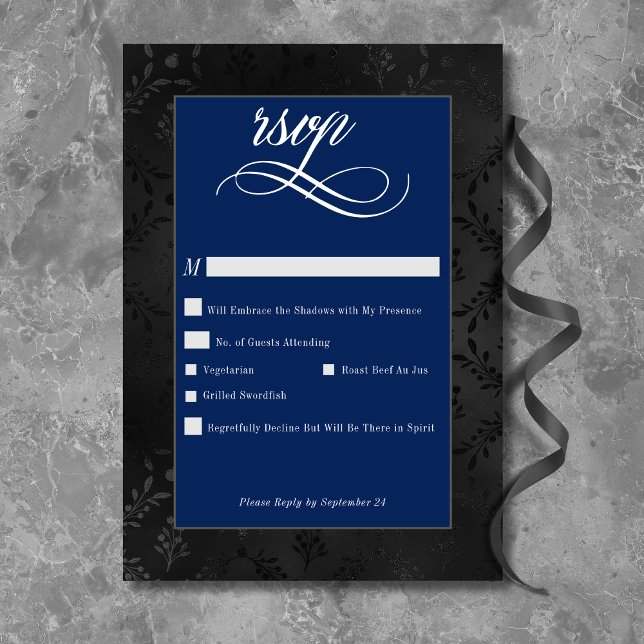Cartão RSVP Casamento Azul Satin Damask Negro Negro Negro Escu (Dark Gothic Black Floral Satin Damask Blue Wedding RSVP Card)