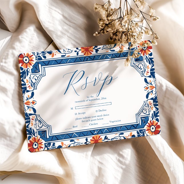 Cartão RSVP Casamento Azulejo Italiano do Mediterrâneo Azul (Criador carregado)