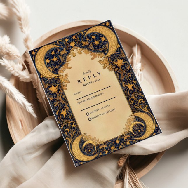 Cartão RSVP Casamento Barroco à Luz Dourada da Lua (Criador carregado)