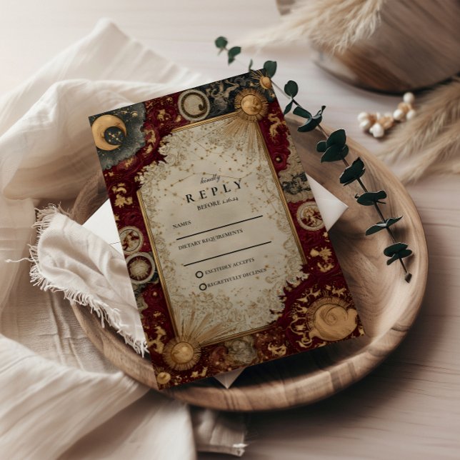Cartão RSVP Casamento Barroco Celestial Carmesim (Criador carregado)