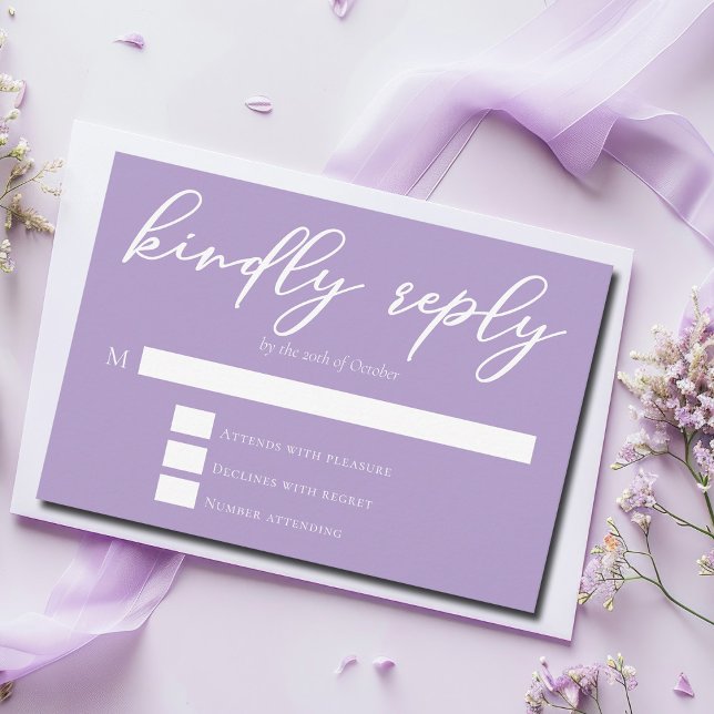 Cartão RSVP Casamento Bastante Lilac Purple White Script (Criador carregado)
