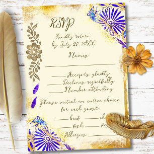 Cartão RSVP Casamento Beija-Flor Barroco Mexicano Dourado e Az