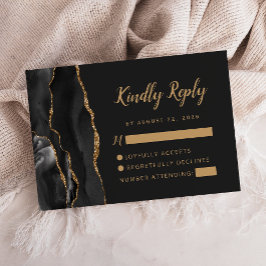 Cartão RSVP Casamento Black Gold Ágata Pincel Script