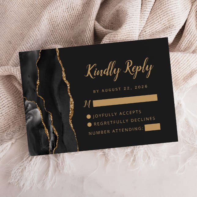 Cartão RSVP Casamento Black Gold Ágata Pincel Script (Criador carregado)