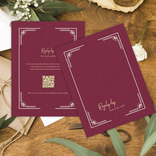 Cartão RSVP Casamento Black Tie com QR Code Art Déco em Dourad (Burgundy Gold Art Deco RSVP Card with QR Code Black Tie Wedding Response Card)