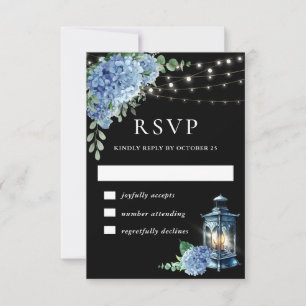 Cartão RSVP Casamento Blue Hydrangea Lanterna Black Boho