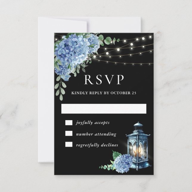 Cartão RSVP Casamento Blue Hydrangea Lanterna Black Boho (Frente)