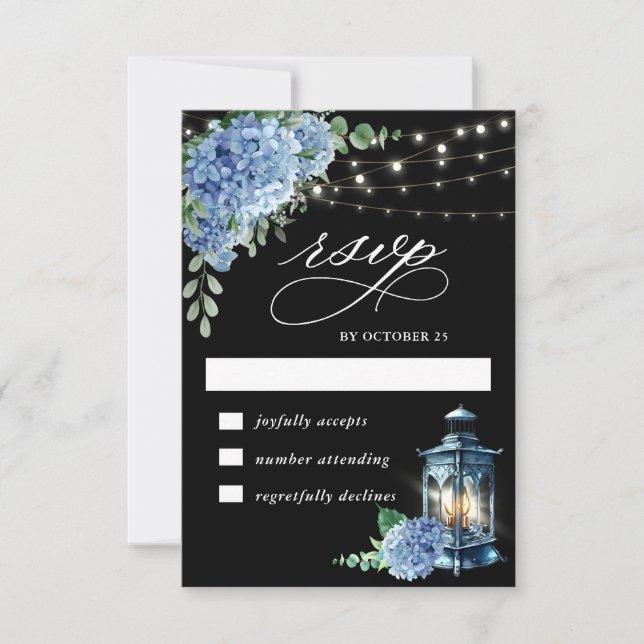 Cartão RSVP Casamento Blue Hydrangea Lanterna Black Boho (Frente)