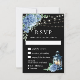 Cartão RSVP Casamento Blue Hydrangea Lanterna Black Boho