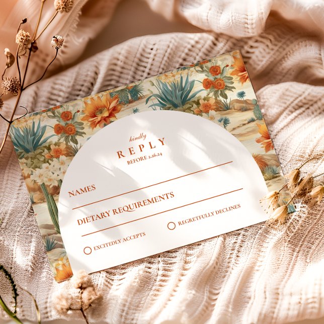 Cartão RSVP Casamento Boho com Arco no Deserto (Criador carregado)