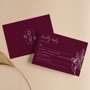 Cartão RSVP Casamento Boho Moderno Borgonha Simples Elegante