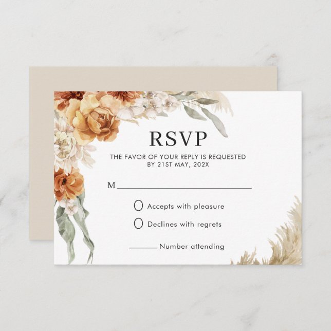 Cartão RSVP Casamento Boho Pampas Floral Laranja Queimada  (Frente/Verso)