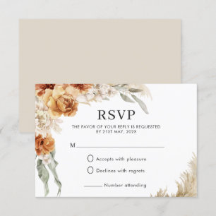 Cartão RSVP Casamento Boho Pampas Floral Laranja Queimada