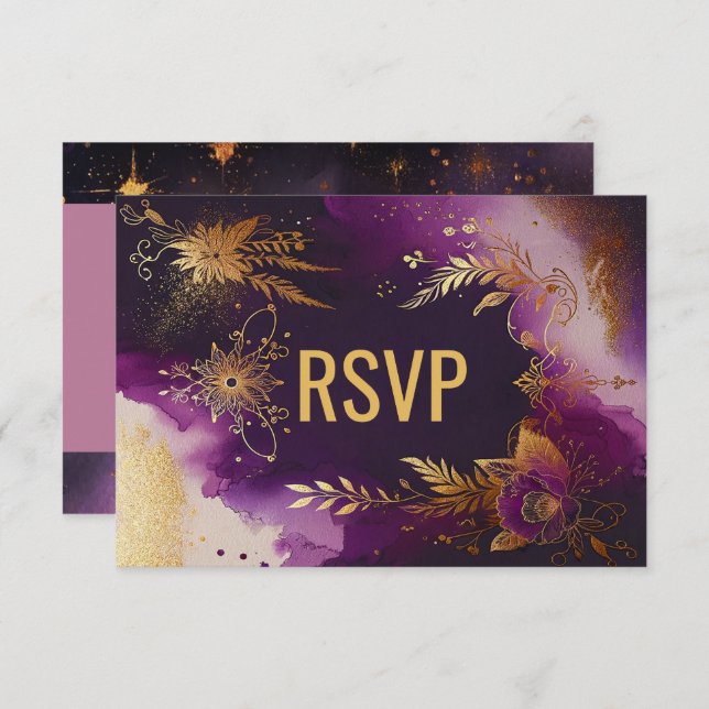Cartão RSVP Casamento bonito com Púrpura e Dourado Floral (Frente/Verso)