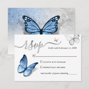 Cartão RSVP Casamento Borboleta Azul Bebê Luz Prata Elegante