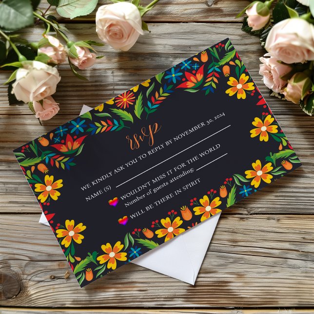 Cartão RSVP Casamento Botânico Colorido Preto Mexicano (Mexican Black Floral Colorful Botanical Wedding RSVP Card)