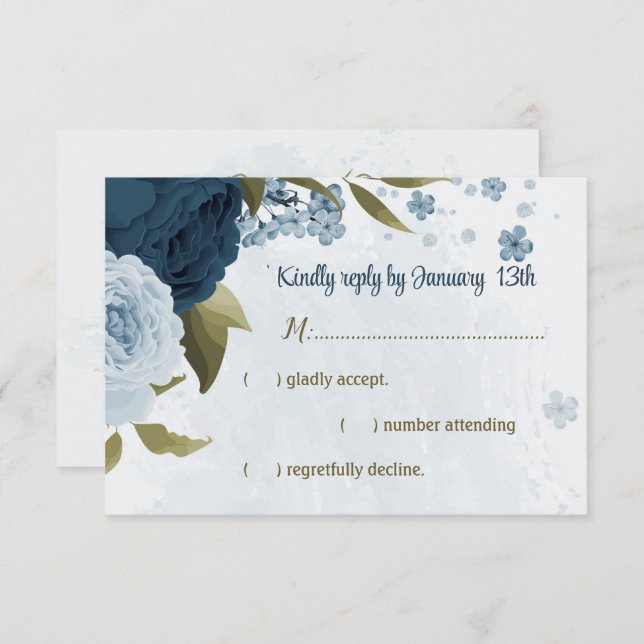 Cartão RSVP casamento botânico com flores azuis-claras marinho (Frente/Verso)