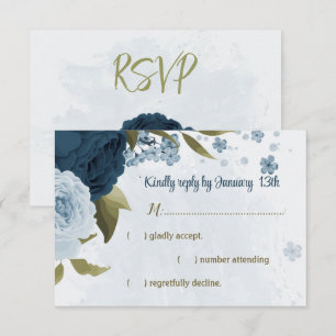 Cartão RSVP casamento botânico com flores azuis-claras marinho