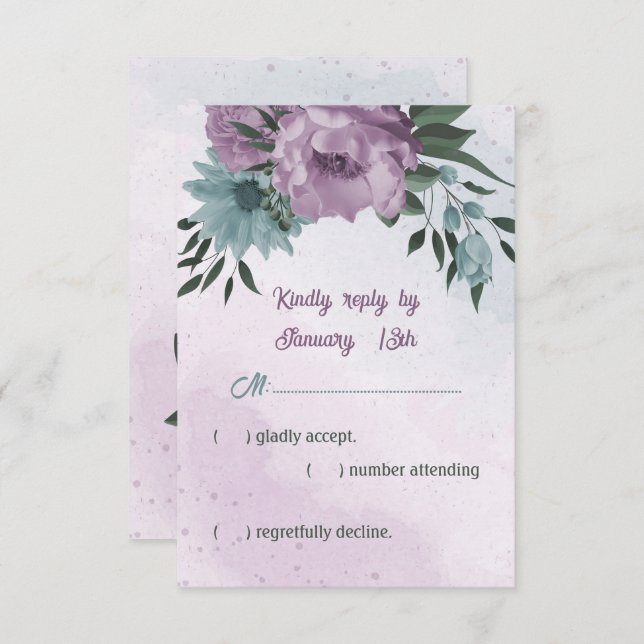 Cartão RSVP casamento botânico com flores azuis roxas (Frente/Verso)