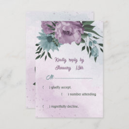 Cartão RSVP casamento botânico com flores azuis roxas