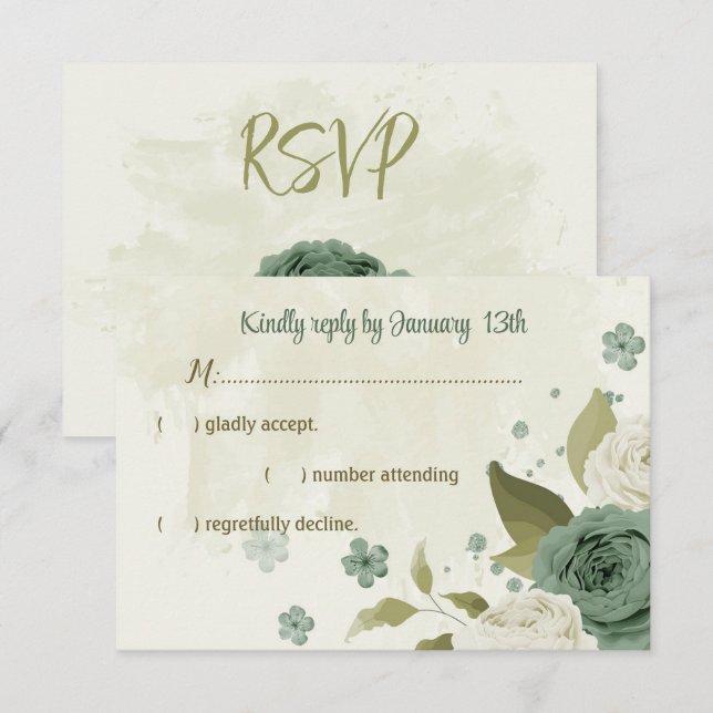 Cartão RSVP casamento botânico com flores brancas sage (Frente/Verso)