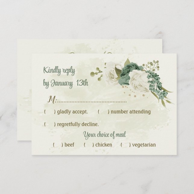 Cartão RSVP casamento botânico com flores brancas sage (Frente/Verso)