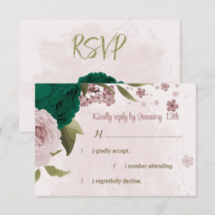 Cartão RSVP casamento botânico com flores cor-de-rosa esmerald