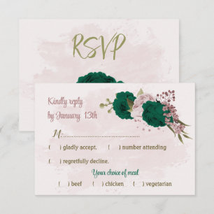 Cartão RSVP casamento botânico com flores cor-de-rosa esmerald