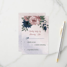 Cartão RSVP casamento botânico com flores rosa e marinhos