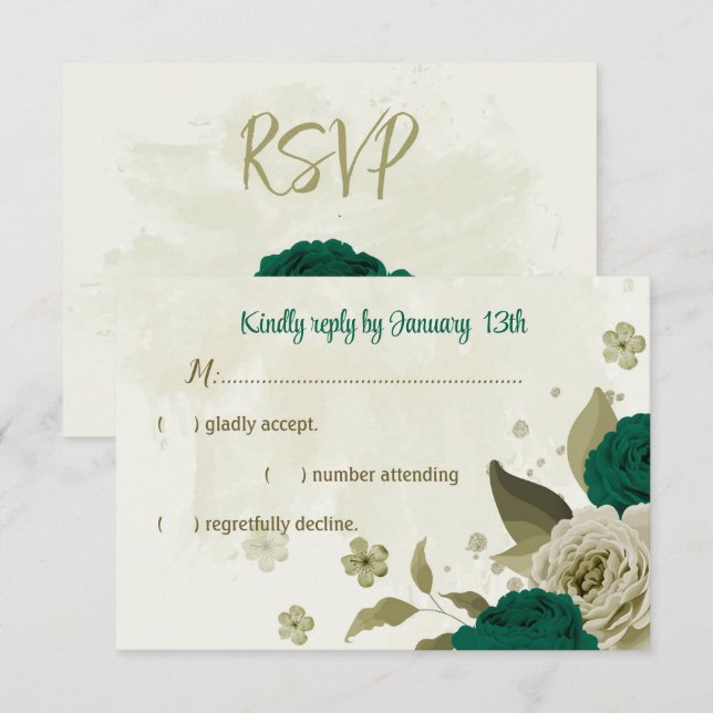 Cartão RSVP casamento botânico com flores verdes esmeraldas (Frente/Verso)