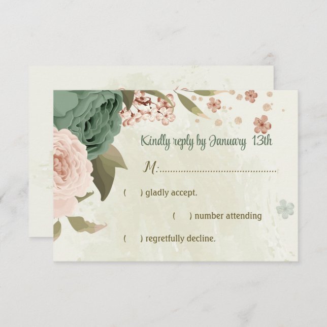Cartão RSVP casamento botânico com flores verdes sage blush (Frente/Verso)