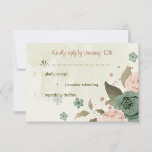 Cartão RSVP casamento botânico com flores verdes sage blush